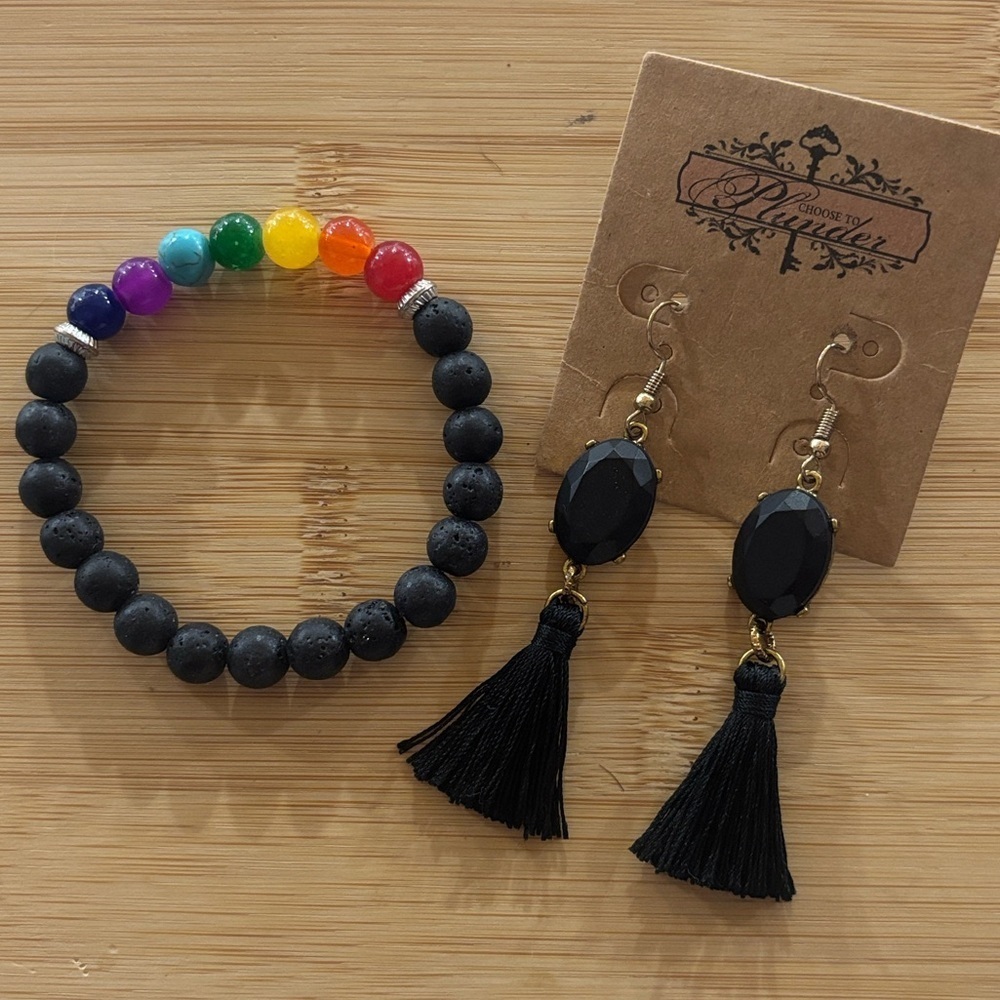Brand New 7 Chakra Natural Lava Stone Bracelet & Black Fringe Tassel Earrings